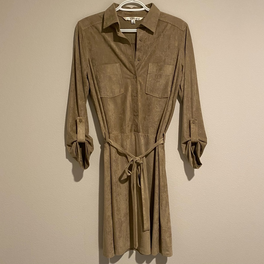 Max Studio Ultra Suede Dress • Tan Khaki Pewter • Roll Tab Sleeve • Button Down